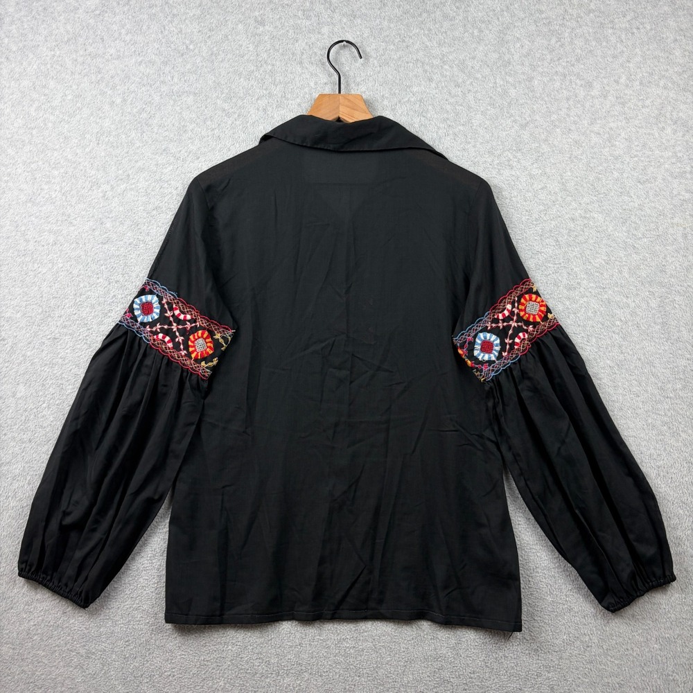 Vintage 70s Fritzi Embroidered Blouse Womens Medium Black Balloon Sleeve Peasant - Picture 4 of 7